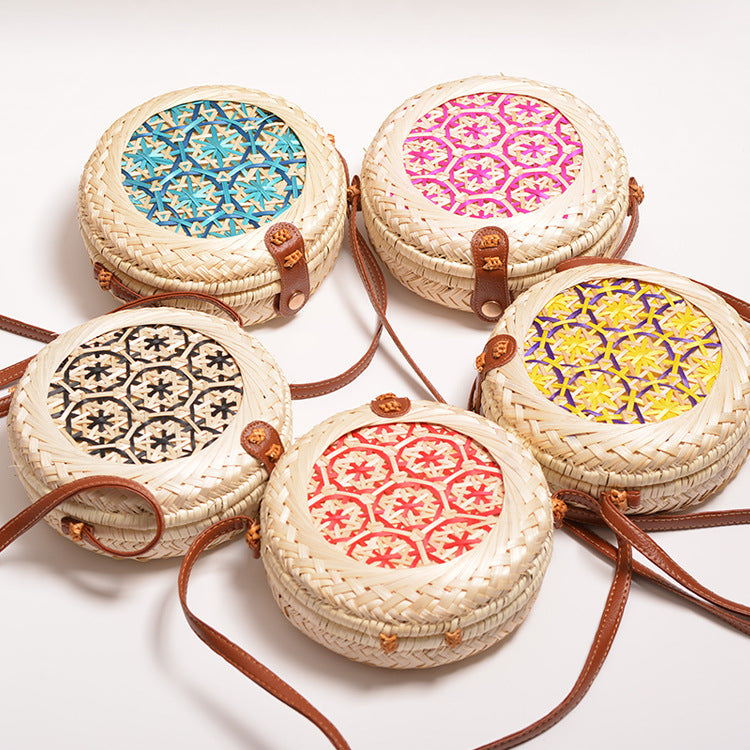 Handwoven Round Bamboo Bag with PU Strap, 8" Diameter, Women's Crossbody Everyday Style