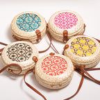 Handwoven Round Bamboo Bag with PU Strap, 8" Diameter, Women's Crossbody Everyday Style