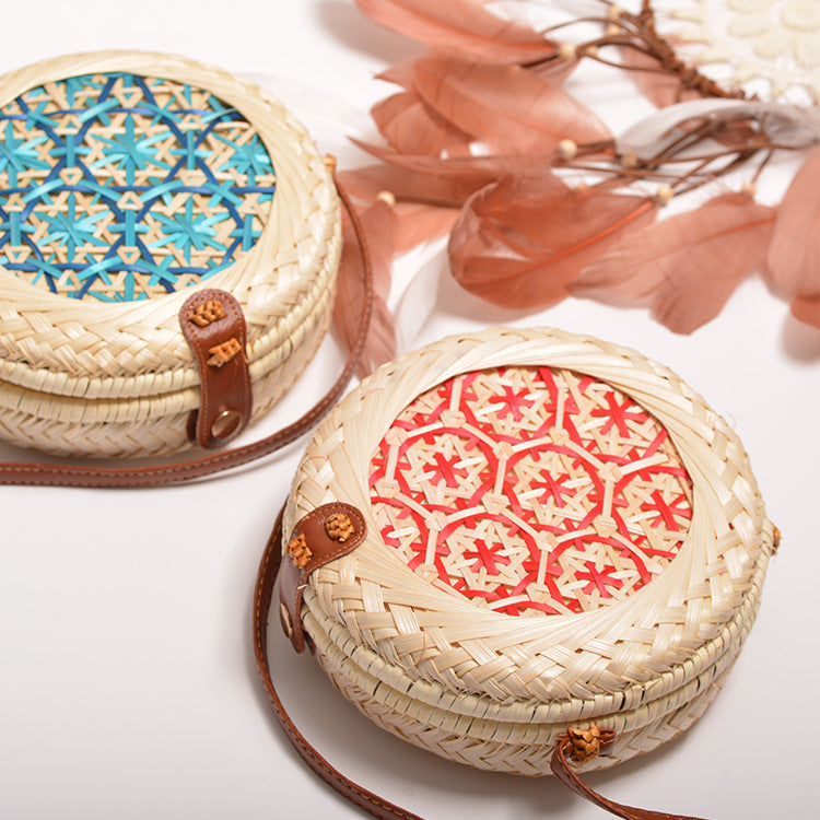 Handwoven Round Bamboo Bag with PU Strap, 8" Diameter, Women's Crossbody Everyday Style