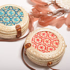 Handwoven Round Bamboo Bag with PU Strap, 8" Diameter, Women's Crossbody Everyday Style