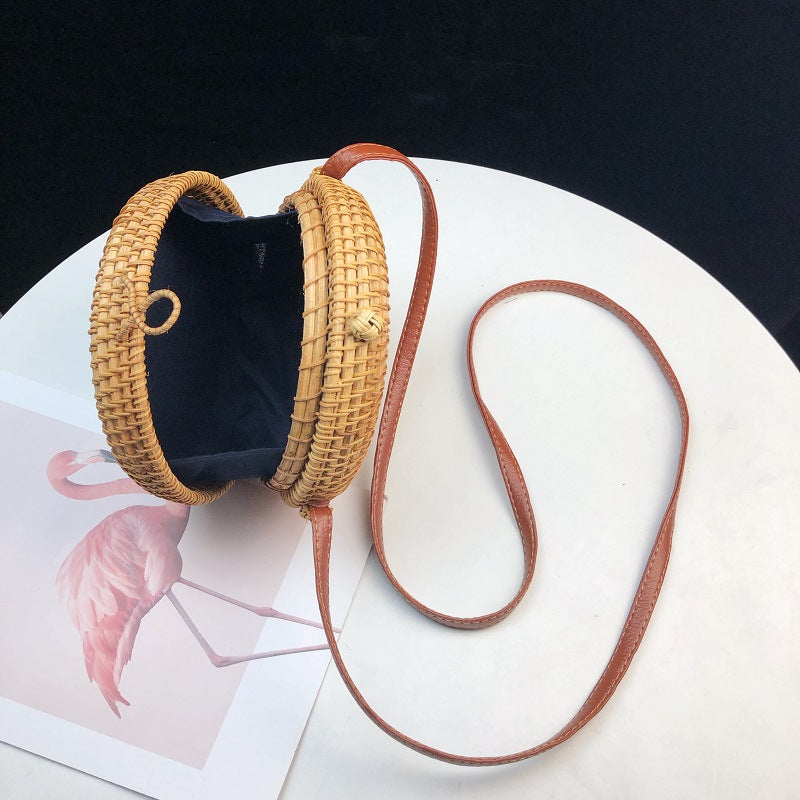 Handwoven Rattan Round Crossbody Bag with Magnetic Closure, Boho Straw Purse for Women, 8" Diameter