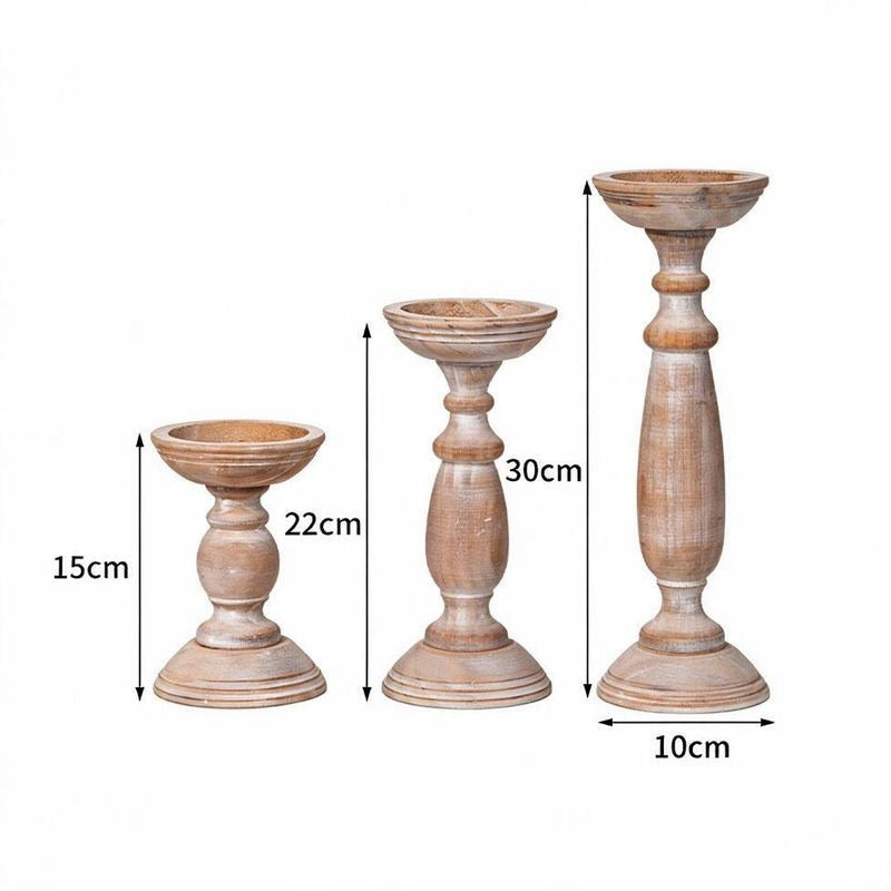 Rustic Wooden Candle Holders Set of 3, Vintage Brown Wood Candlesticks, 6" 9" 12" Height, Home Decor Centerpiece, Wedding Table Decor, Farmhouse Decor