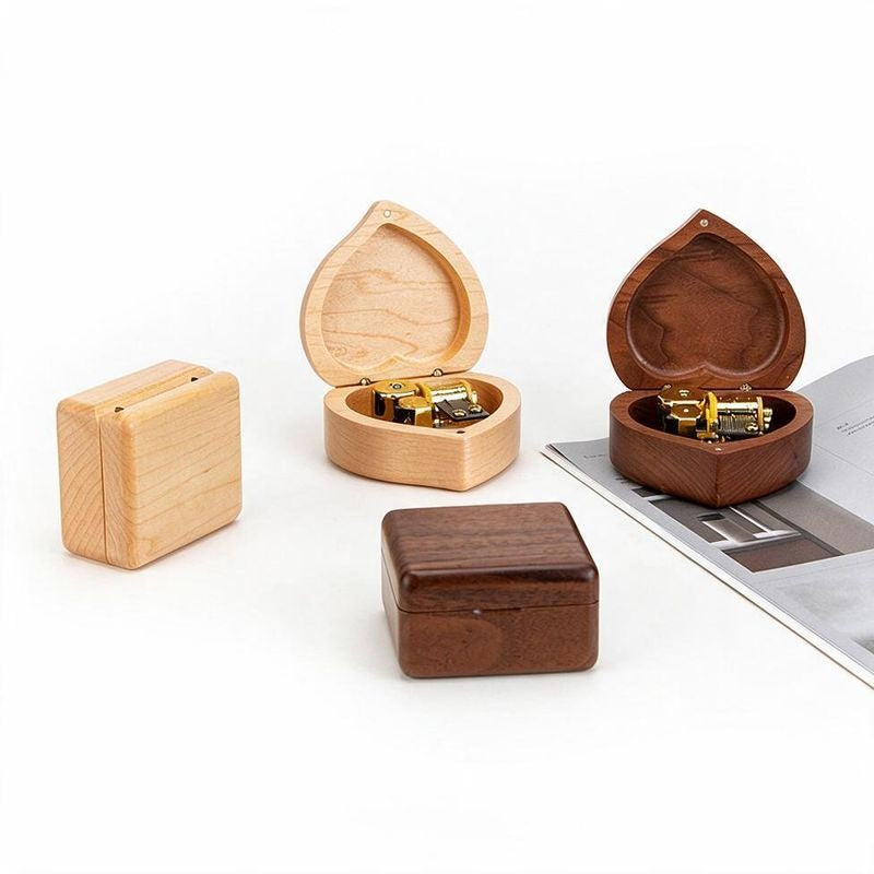 Handcrafted Beechwood Music Box, Heart and Square Design, Walnut Finish, Perfect Birthday Gift