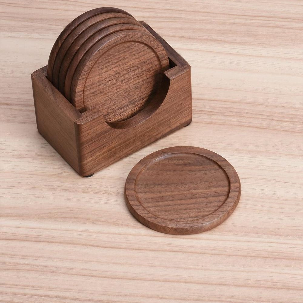 Set of 6 Wooden Coasters, Beech & Walnut Round Drink Holders, 3.5" Diameter, Traditional Style
