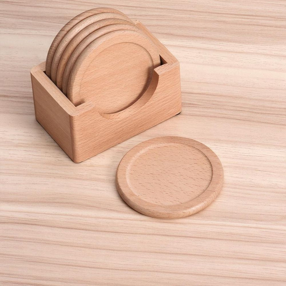 Set of 6 Wooden Coasters, Beech & Walnut Round Drink Holders, 3.5" Diameter, Traditional Style