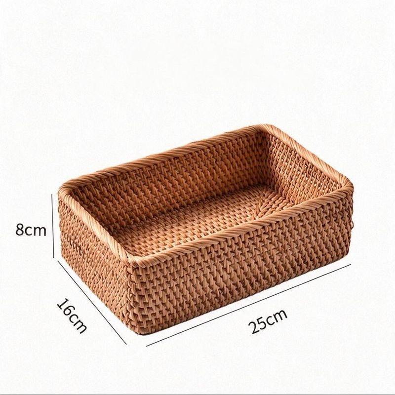 Handwoven Square Rattan Basket, Natural Storage Organizer for Desk, Fruit Bowl, Home Decor