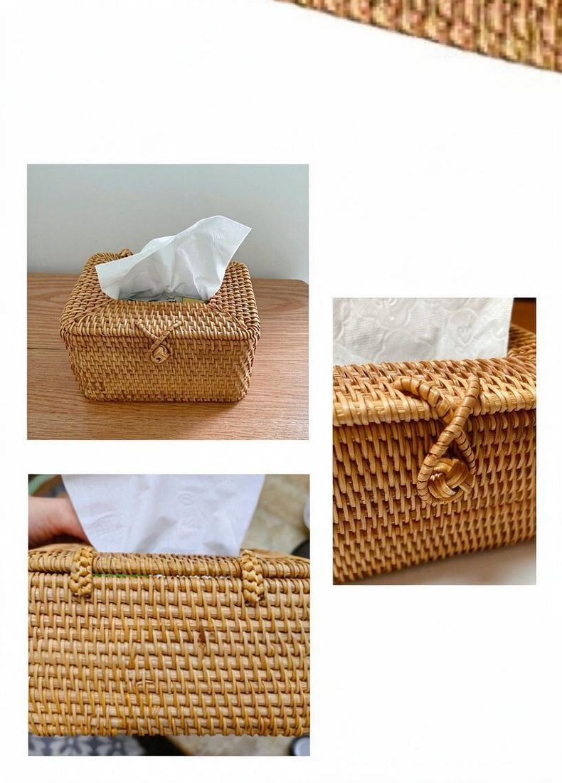 Rattan Tissue Box Holder, Farmhouse Style, Multi-Purpose, Desktop or Living Room Organizer