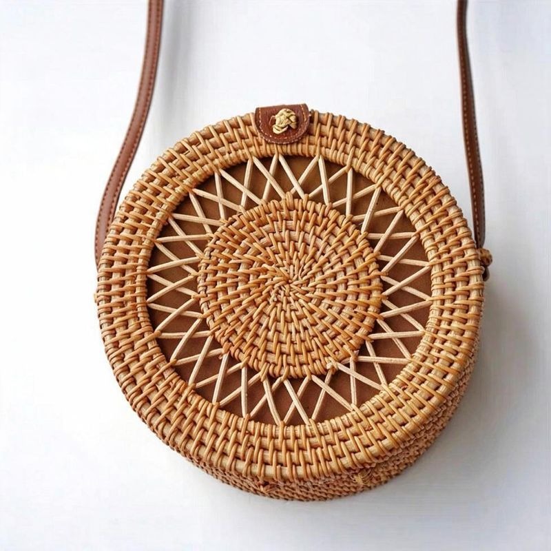 Handwoven Rattan Round Crossbody Bag with Magnetic Closure, Boho Straw Purse for Women, 8" Diameter