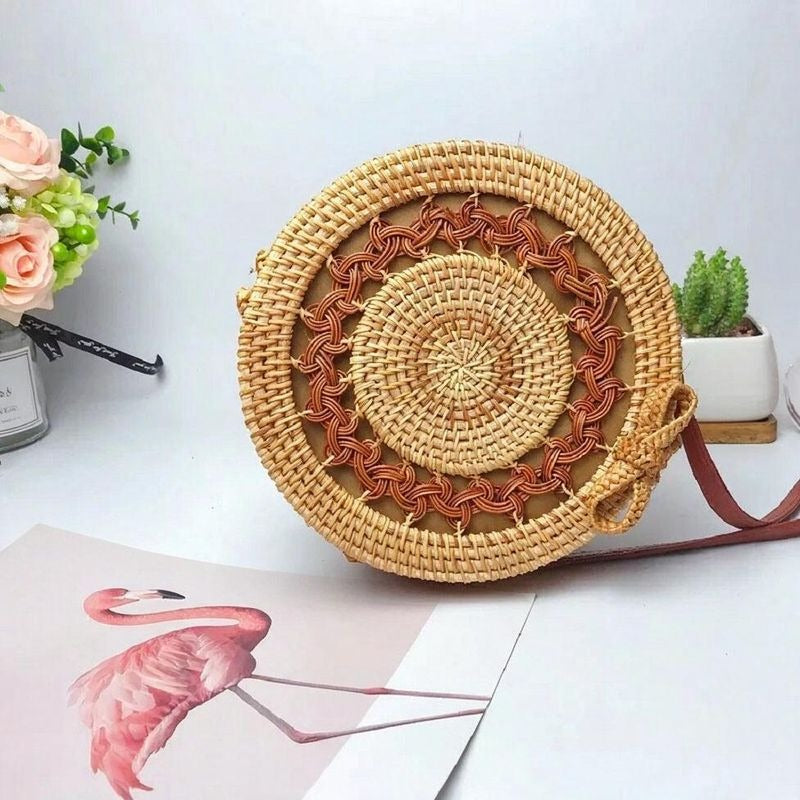 Handwoven Rattan Round Crossbody Bag with Magnetic Closure, Boho Straw Purse for Women, 8" Diameter