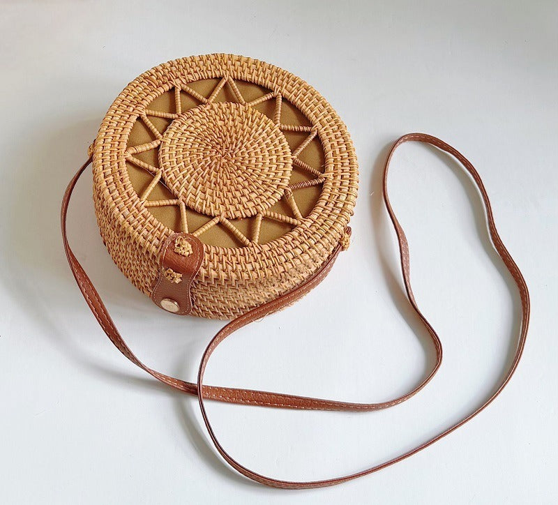 Handwoven Rattan Round Crossbody Bag with Magnetic Closure, Boho Straw Purse for Women, 8" Diameter