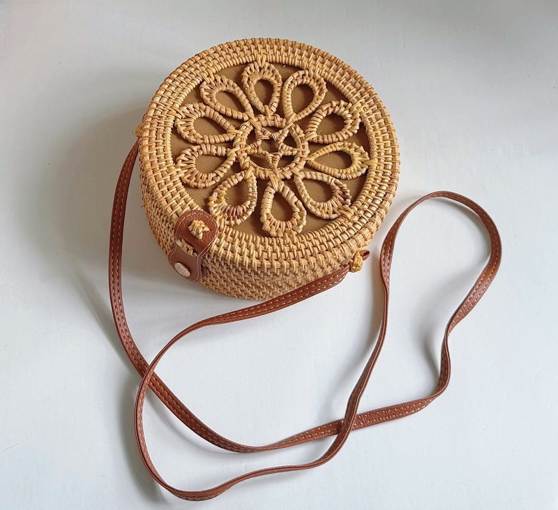 Handwoven Rattan Round Crossbody Bag with Magnetic Closure, Boho Straw Purse for Women, 8" Diameter