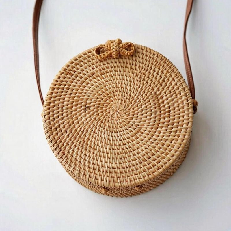 Handwoven Rattan Round Crossbody Bag with Magnetic Closure, Boho Straw Purse for Women, 8" Diameter