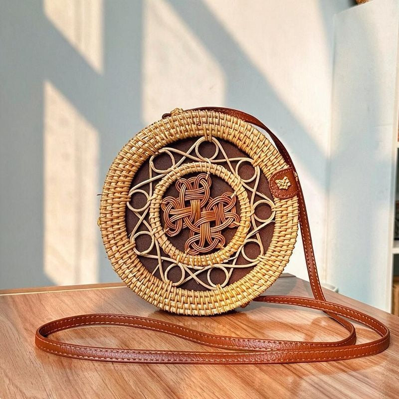 Handwoven Rattan Round Crossbody Bag with Magnetic Closure, Boho Straw Purse for Women, 8" Diameter