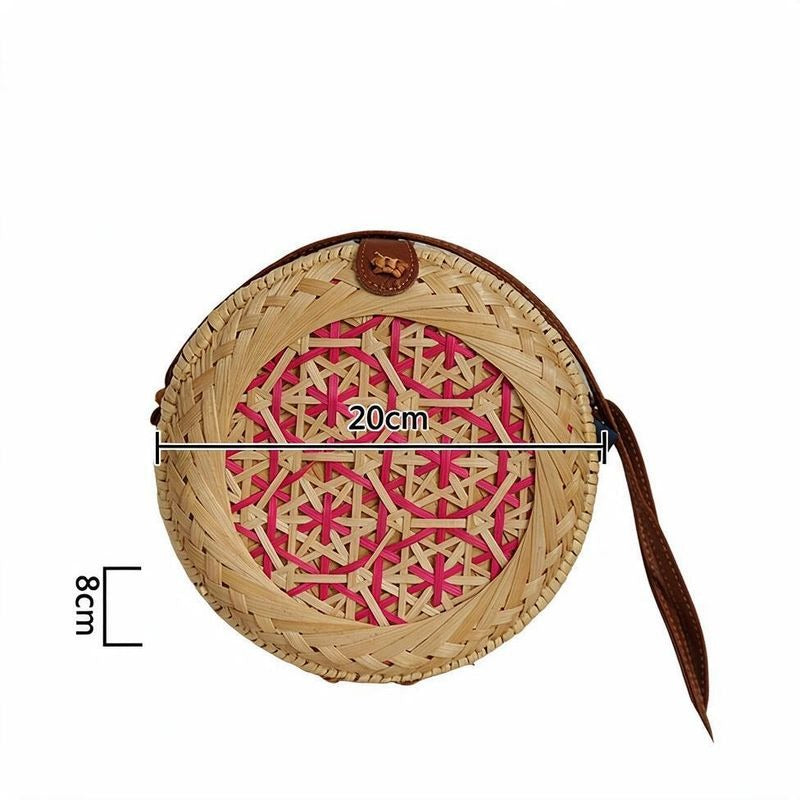 Handwoven Round Bamboo Bag with PU Strap, 8" Diameter, Women's Crossbody Everyday Style