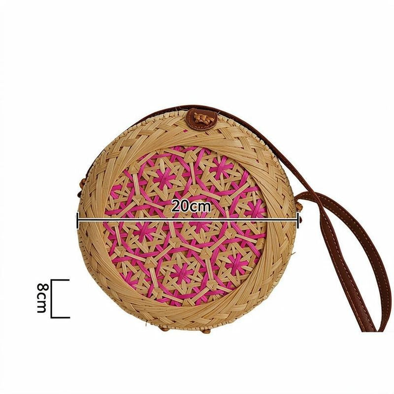 Handwoven Round Bamboo Bag with PU Strap, 8" Diameter, Women's Crossbody Everyday Style