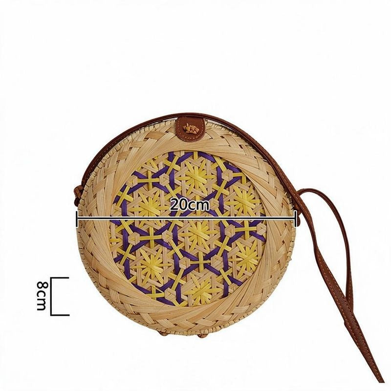 Handwoven Round Bamboo Bag with PU Strap, 8" Diameter, Women's Crossbody Everyday Style