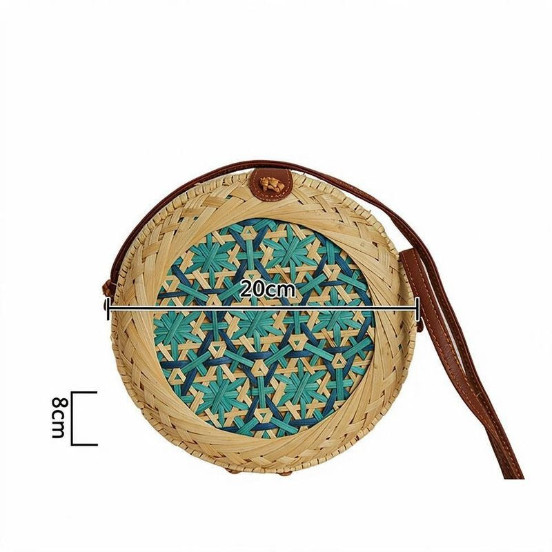Handwoven Round Bamboo Bag with PU Strap, 8" Diameter, Women's Crossbody Everyday Style
