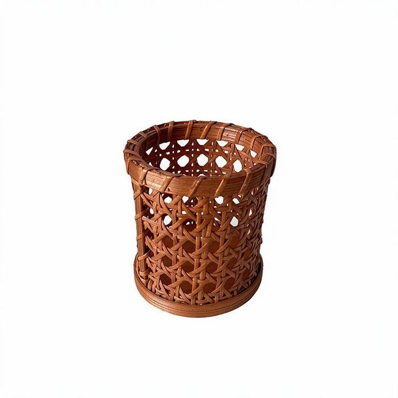 Handwoven Rattan Basket, Wooden Cosmetic and Jewelry Organizer, Scandinavian Style, 4.5"