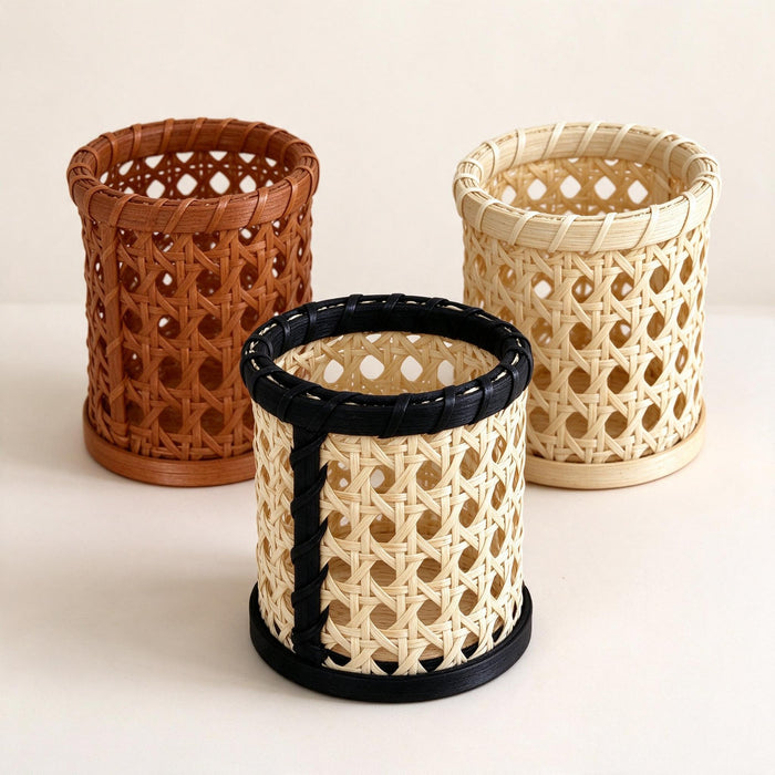Handwoven Rattan Basket, Wooden Cosmetic and Jewelry Organizer, Scandinavian Style, 4.5"