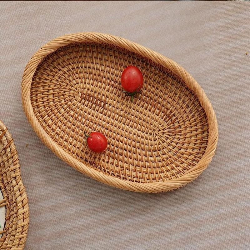 Handwoven Rattan Basket, 2 Sizes, Fruit Bowl & Kitchen Organizer for Bread, Snacks, Utensils