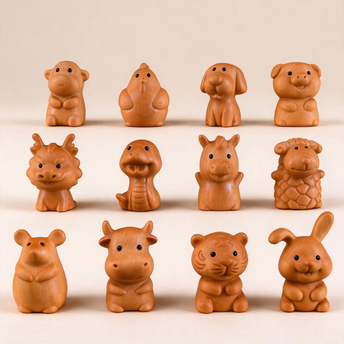 Chinese Zodiac Boxwood Carved Figurine, 1.5" Miniature Handcrafted Wooden Statue, Traditional Style