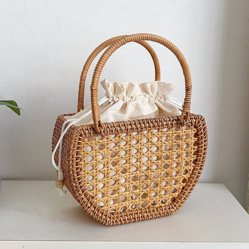 Handwoven Rattan Tote Bag, Double Strap French Style Woven Basket Purse for Women, Everyday Use