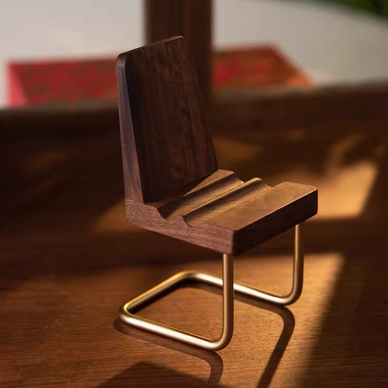 Walnut Phone Stand, Mini Wooden Stool Tablet Holder, Brass Accent Decorative Desktop Organizer, Modern Minimalist Gift for Office, Home, Christmas, Father's Day