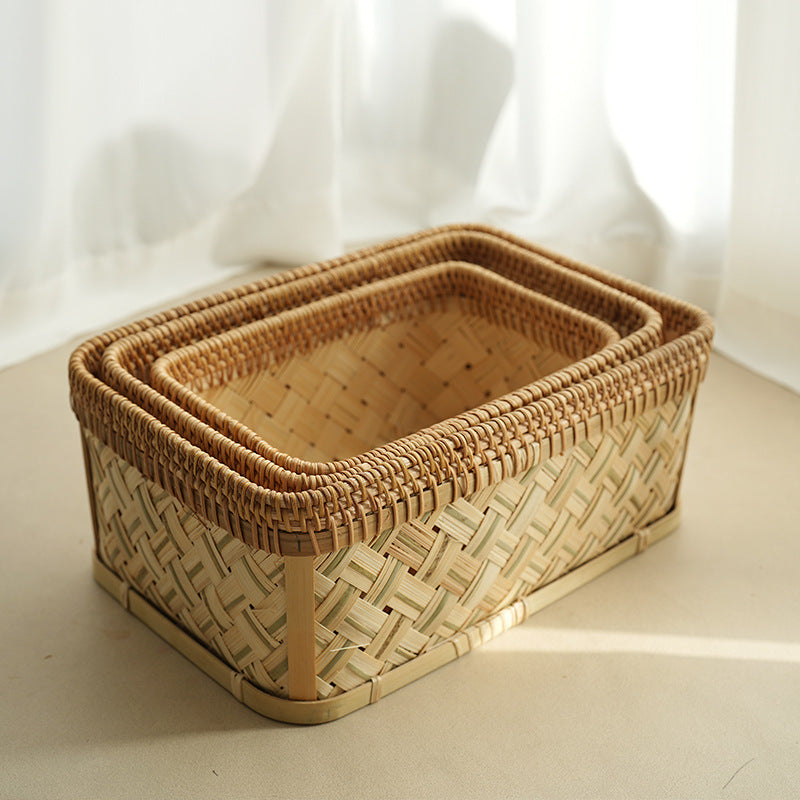 Handwoven Bamboo Basket, Modern Minimalist Style, Wooden Organizer for Home, Office, or Picnic