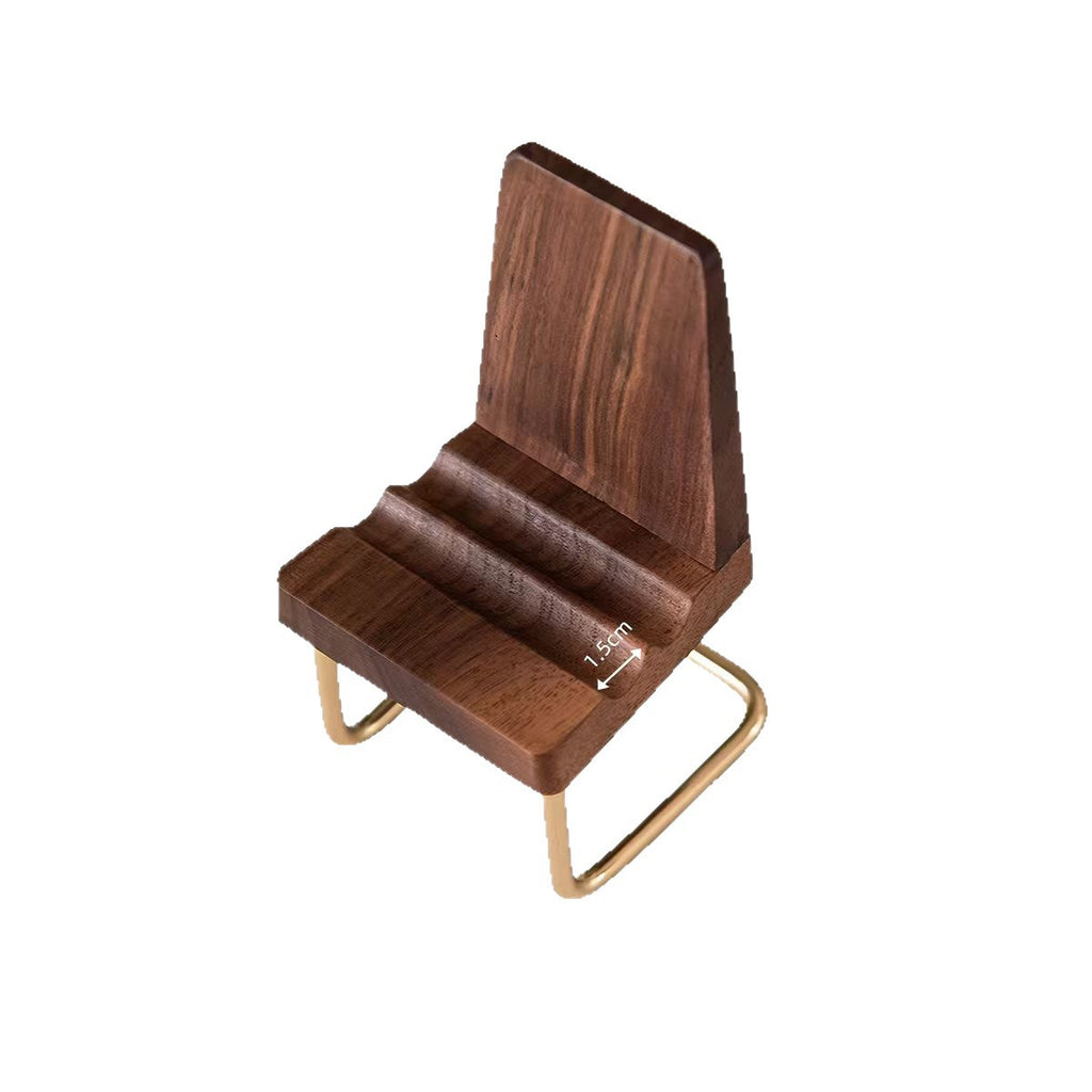 Walnut Phone Stand, Mini Wooden Stool Tablet Holder, Brass Accent Decorative Desktop Organizer, Modern Minimalist Gift for Office, Home, Christmas, Father's Day