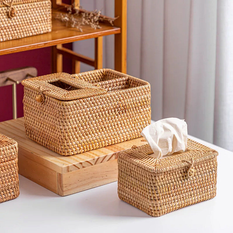Rattan Tissue Box Holder, Farmhouse Style, Multi-Purpose, Desktop or Living Room Organizer