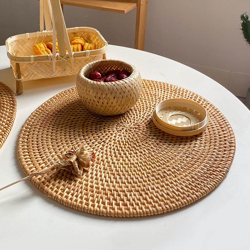 Rattan Coasters and Placemats, Set of Round and Oval Heat-Resistant Pads for Kitchen, Dining Table, Tea Accessories