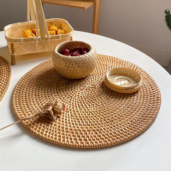 Rattan Coasters and Placemats, Set of Round and Oval Heat-Resistant Pads for Kitchen, Dining Table, Tea Accessories