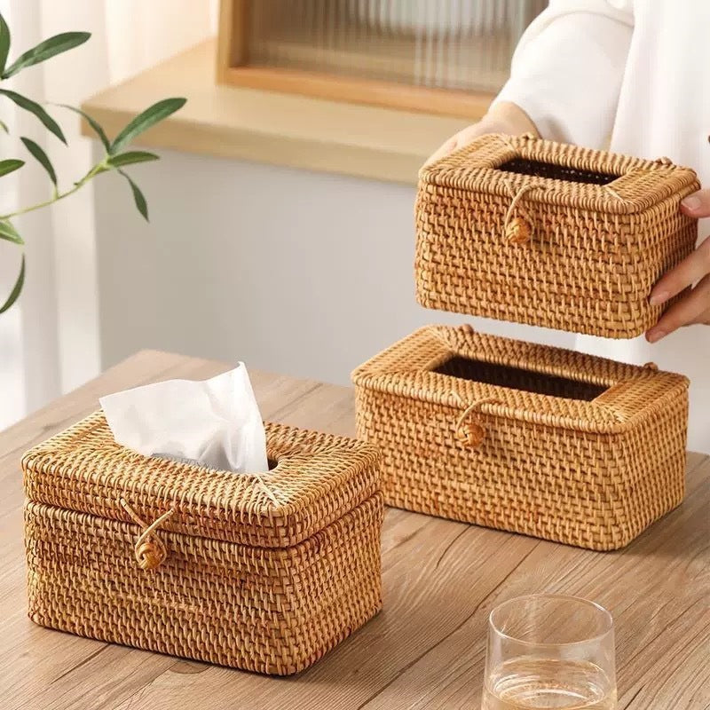 Rattan Tissue Box Holder, Farmhouse Style, Multi-Purpose, Desktop or Living Room Organizer