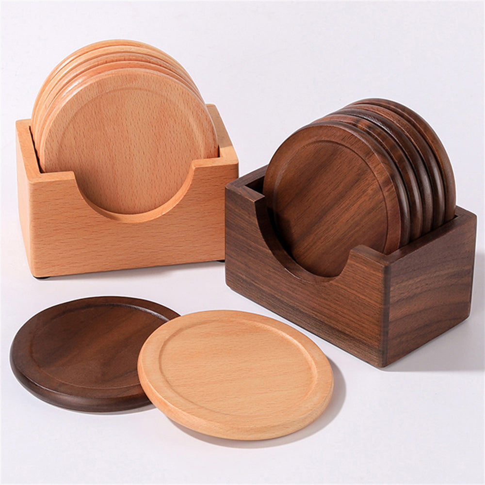Set of 6 Wooden Coasters, Beech & Walnut Round Drink Holders, 3.5" Diameter, Traditional Style