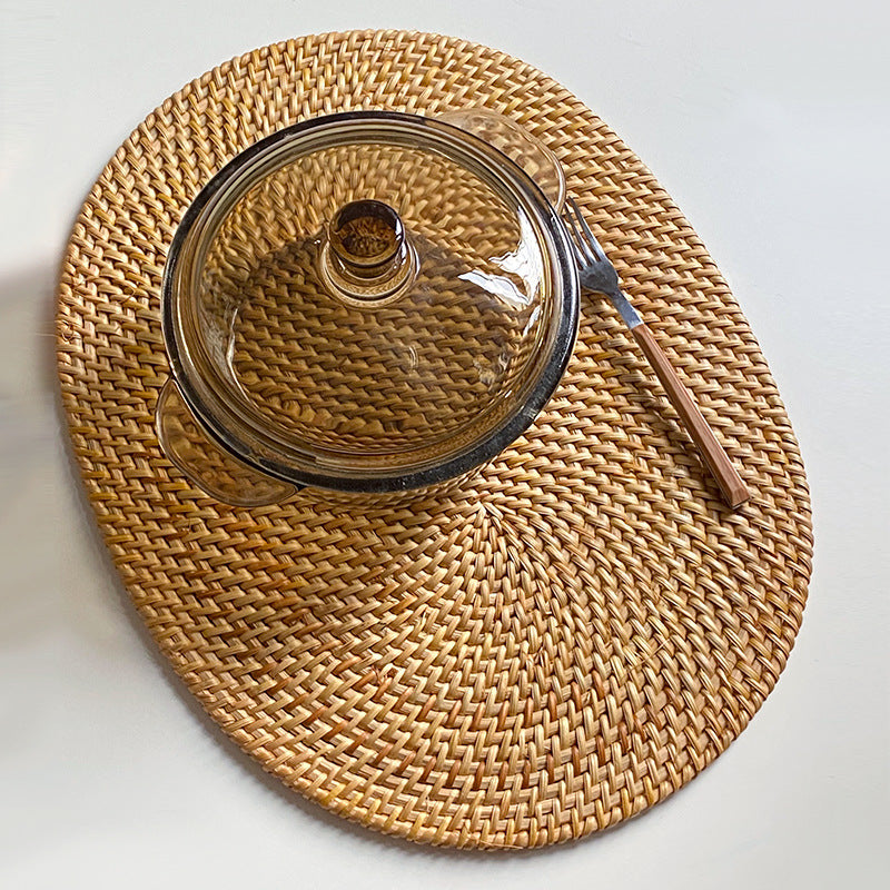 Rattan Coasters and Placemats, Set of Round and Oval Heat-Resistant Pads for Kitchen, Dining Table, Tea Accessories
