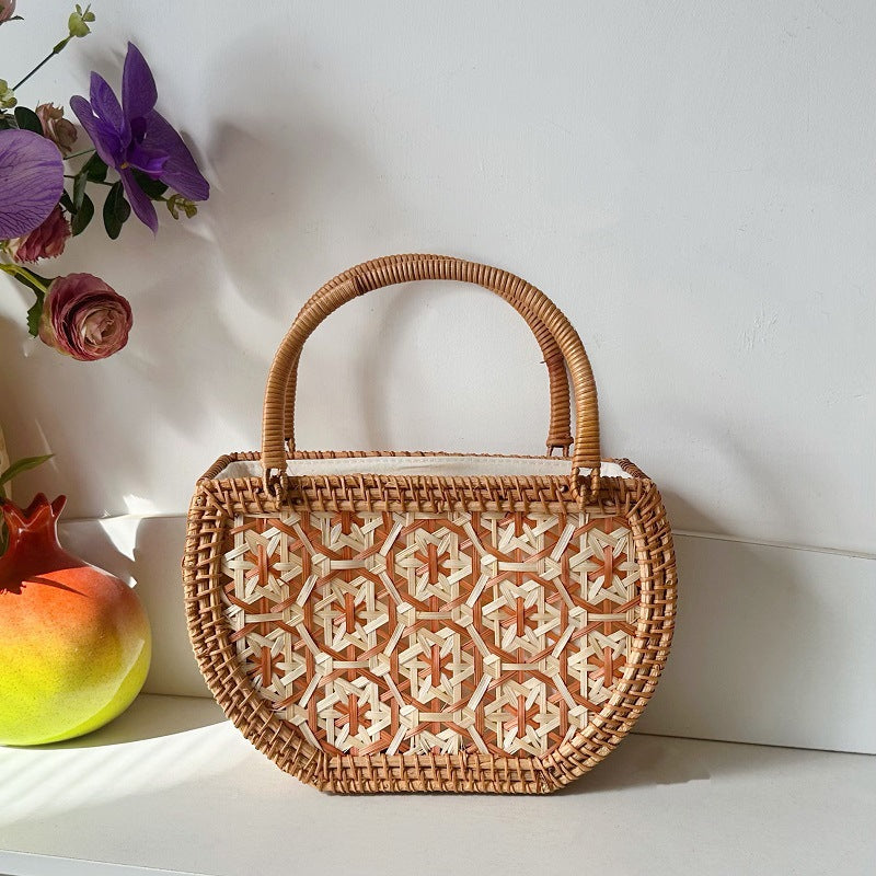 Handwoven Rattan Tote Bag, Double Strap French Style Woven Basket Purse for Women, Everyday Use