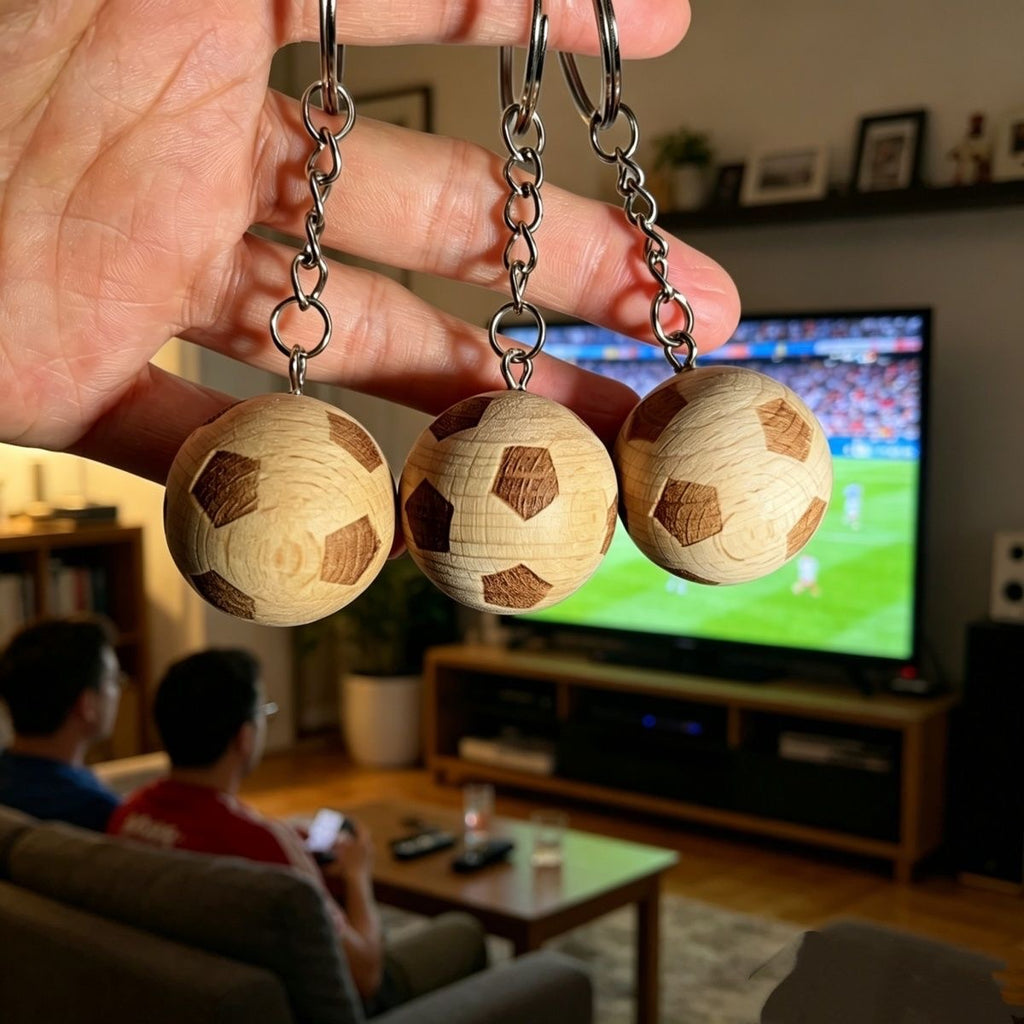 Wooden Soccer Ball Keychain, Mini Football Keyring, Beechwood Car Key Accessory