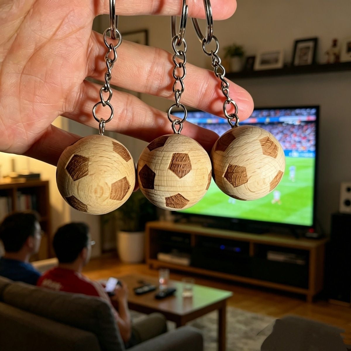 Wooden Soccer Ball Keychain, Mini Football Keyring, Beechwood Car Key Accessory