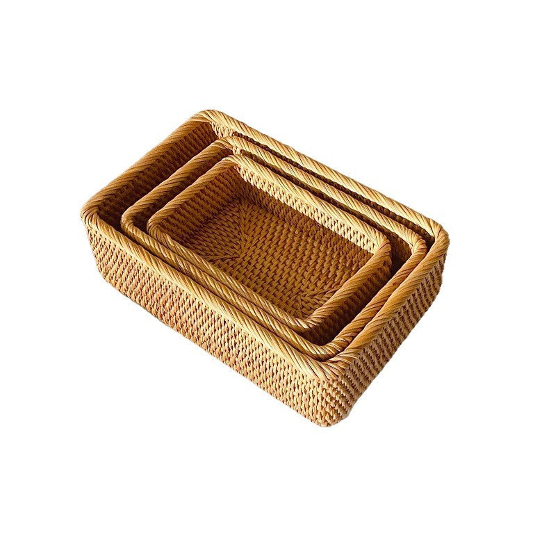 Handwoven Square Rattan Basket, Natural Storage Organizer for Desk, Fruit Bowl, Home Decor