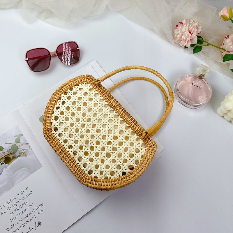 Handwoven Rattan Tote Bag, Double Strap French Style Woven Basket Purse for Women, Everyday Use