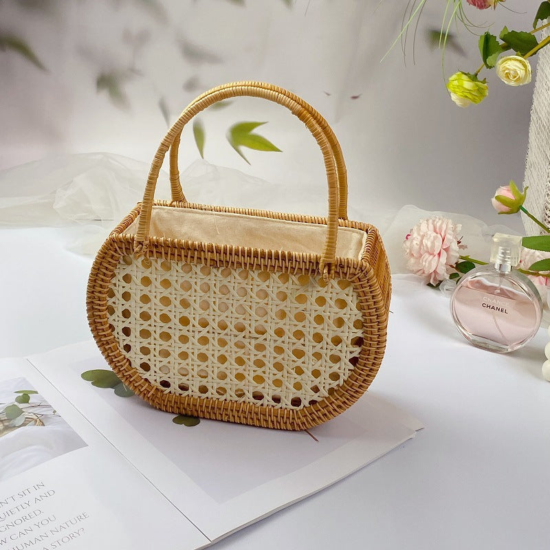 Handwoven Rattan Tote Bag, Double Strap French Style Woven Basket Purse for Women, Everyday Use