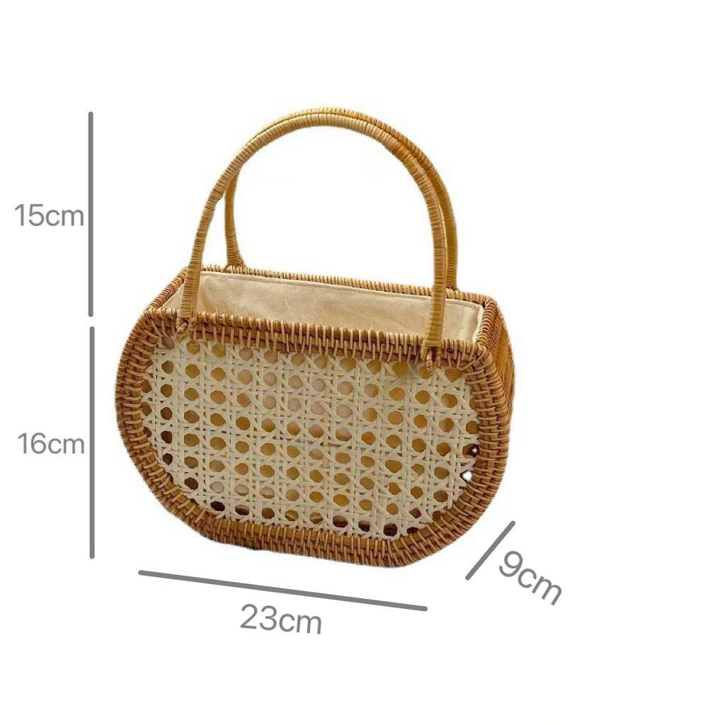Handwoven Rattan Tote Bag, Double Strap French Style Woven Basket Purse for Women, Everyday Use