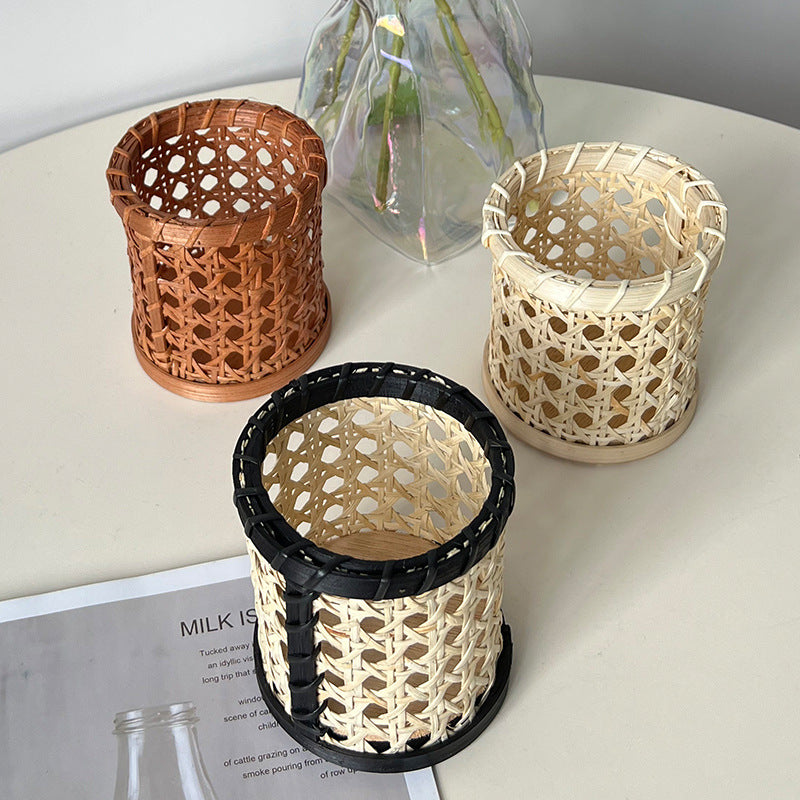 Handwoven Rattan Basket, Wooden Cosmetic and Jewelry Organizer, Scandinavian Style, 4.5"