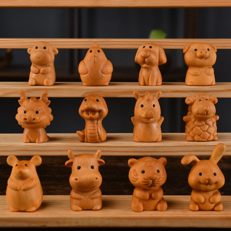 Chinese Zodiac Boxwood Carved Figurine, 1.5" Miniature Handcrafted Wooden Statue, Traditional Style