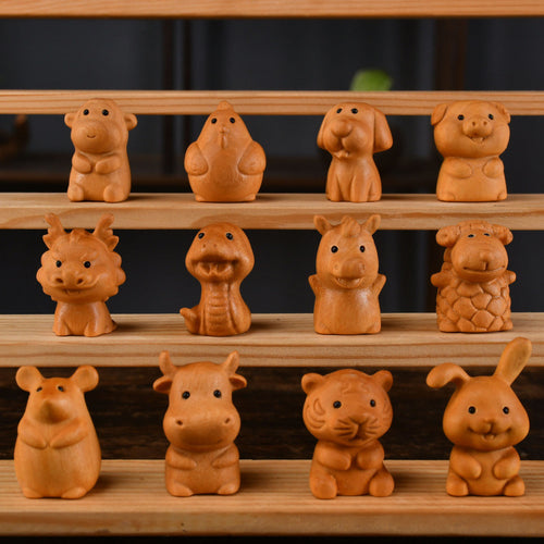 Chinese Zodiac Boxwood Carved Figurine, 1.5" Miniature Handcrafted Wooden Statue, Traditional Style