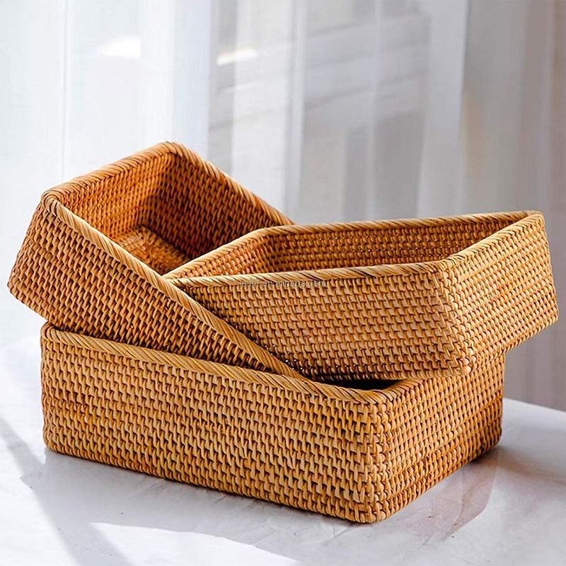 Handwoven Square Rattan Basket, Natural Storage Organizer for Desk, Fruit Bowl, Home Decor