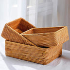 Handwoven Square Rattan Basket, Natural Storage Organizer for Desk, Fruit Bowl, Home Decor