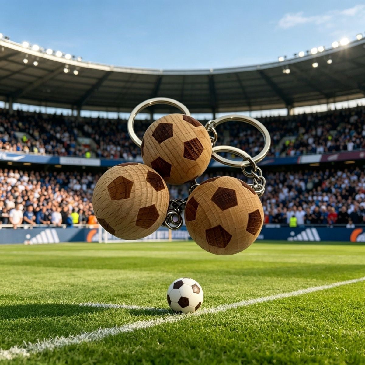 Wooden Soccer Ball Keychain, Mini Football Keyring, Beechwood Car Key Accessory